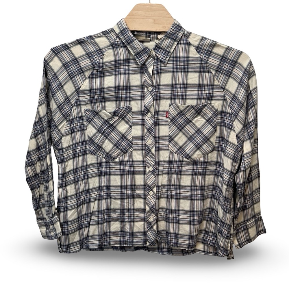 Levis Womens Large Blue Pink Plaid Raglan Long Sleeve Button Down Shirt Pocket